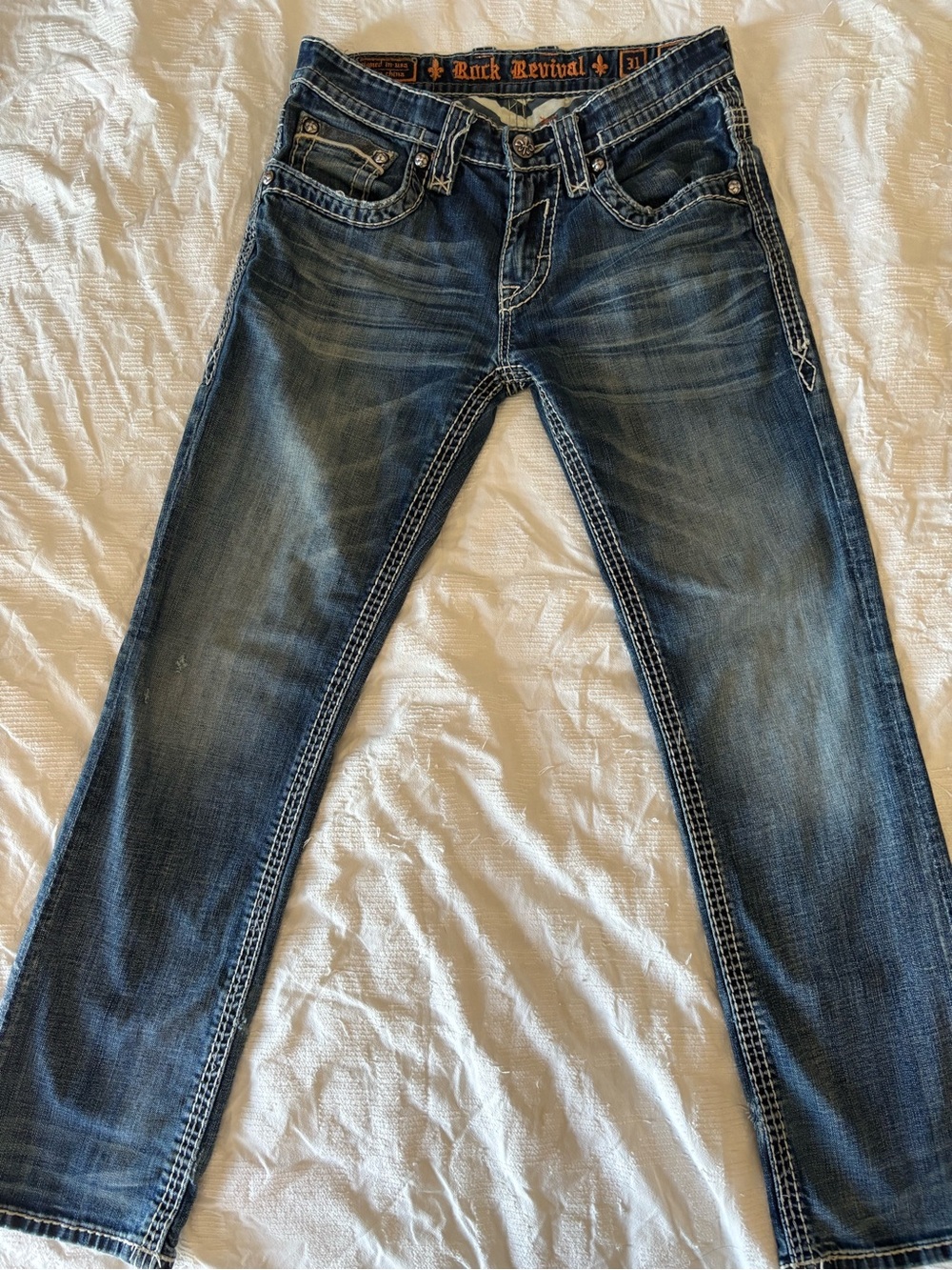 Rock Revival Men’s Jeans Size 31 Austin Bootcut Blue Thick Stitch Y2K Western